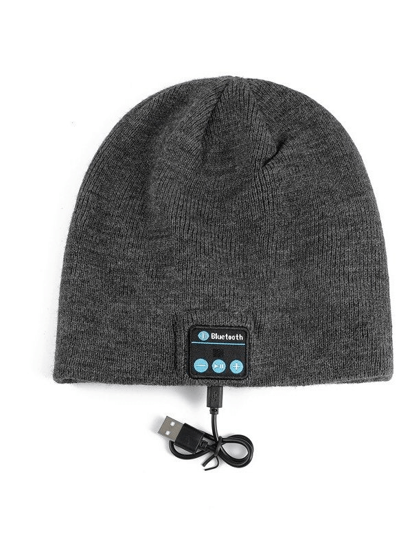 Gray unisex sport beanie with built-in wireless headphones and USB charger, made from windproof polyester and acrylic.